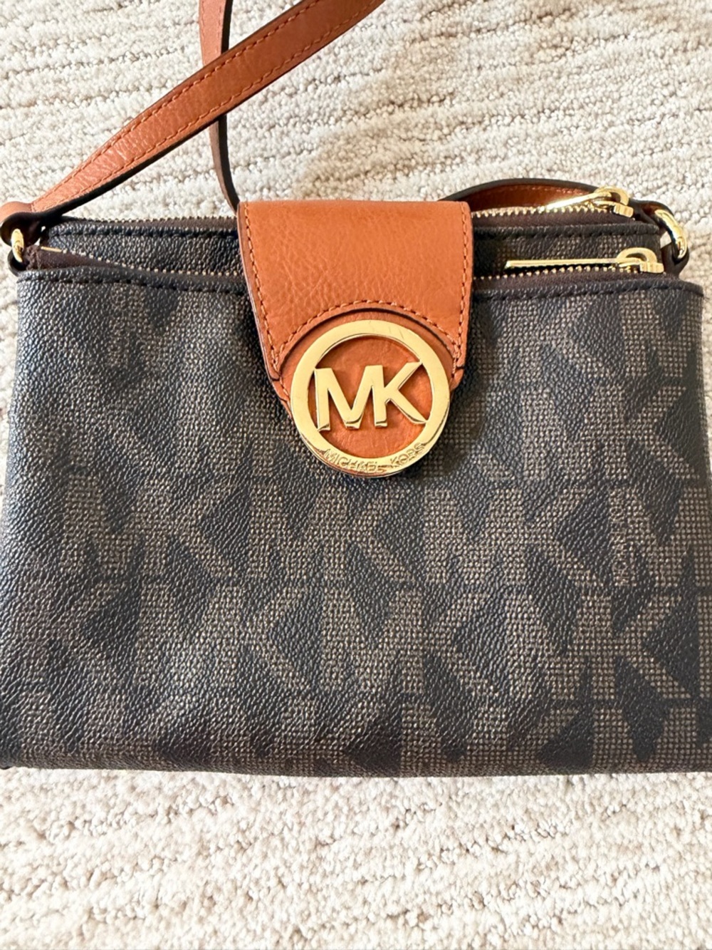 Michael Kors Dark Brown and Tan Logo Crossbody with Gold MK Emblem